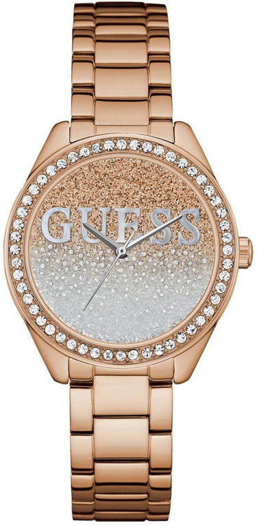 Guess Glitter Girl Damen-Armbanduhr Analog Quarz mit Armband aus Edelstahl vergoldet W0987L3